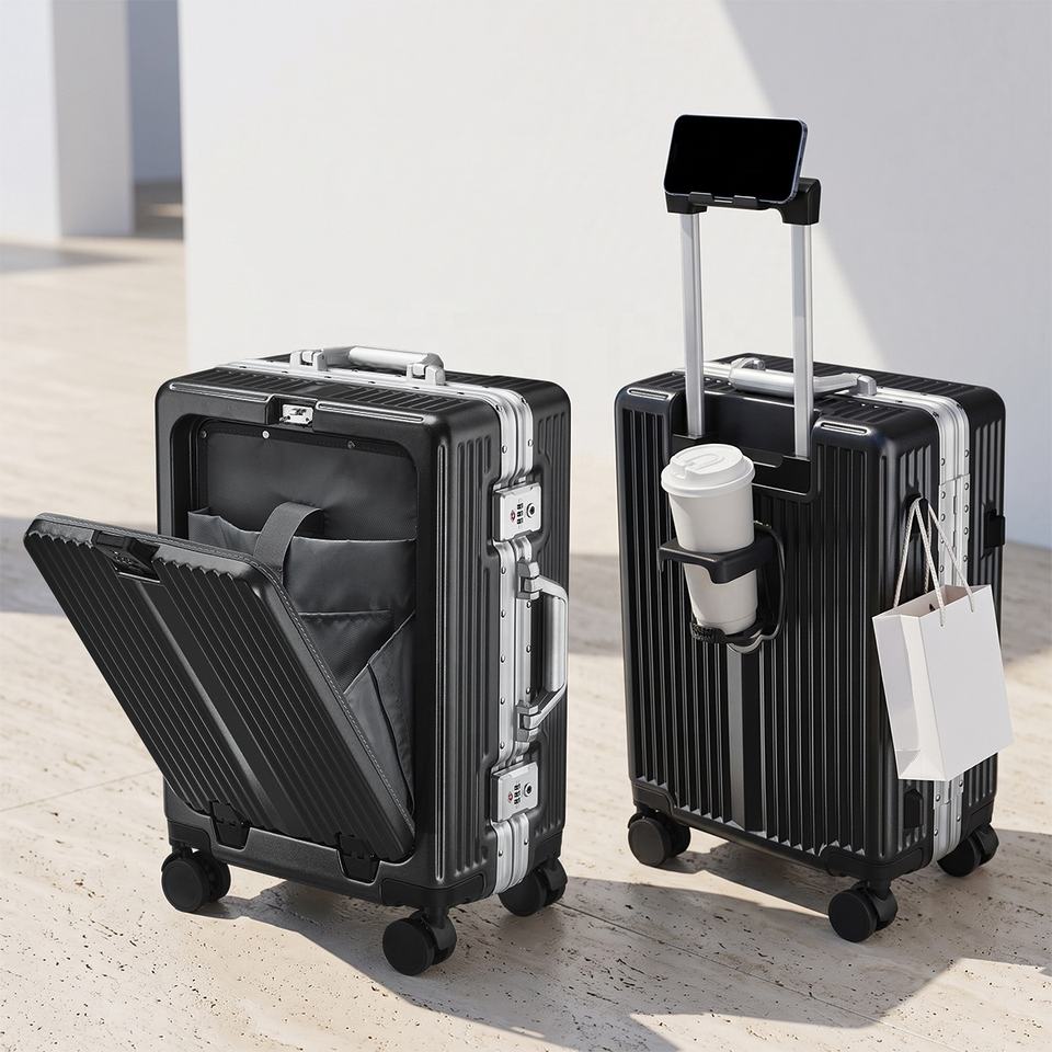 Supplier photo of black SOKOK front-opening suitcase, shown from front and rear